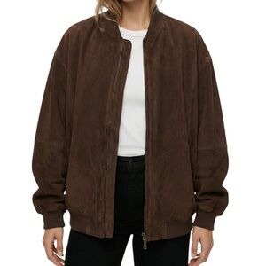 Vintage 90s Brown Suede Leather Bomber Jacket Fleece Lined Oversized XL